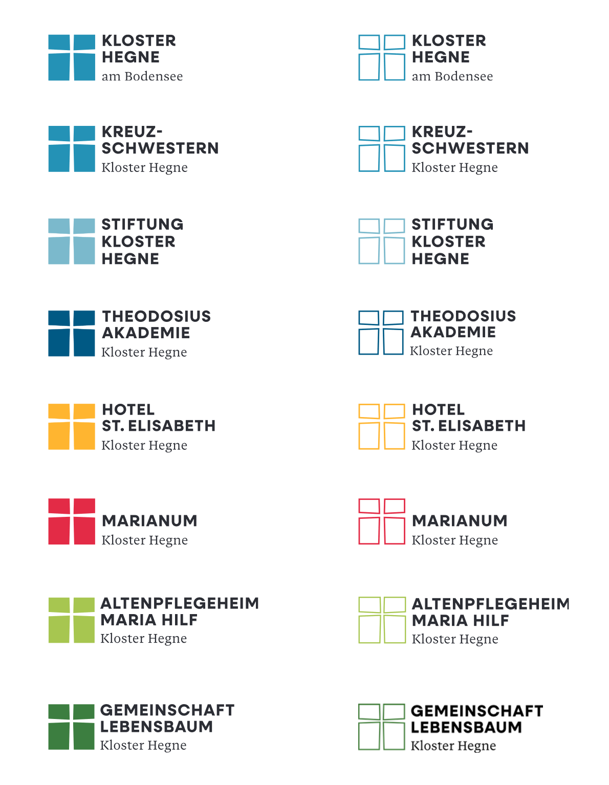 Logos vom Kloster Hegne, Kreuzschwestern, Stiftung Kloster Hegne, Theodosius Akademie, Hotel St.&nbsp;Elisabeth, Marianum, Altenpflegeheim Maria Hilf und Gemeinschaft Lebensbaum