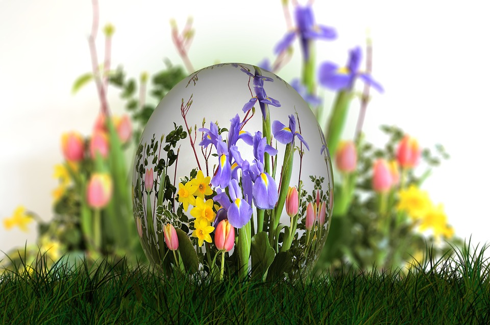 mit Blumen verziertes Osterei auf einer dunkelgrünen Wiese mit weiteren Blumen im Hintergrund