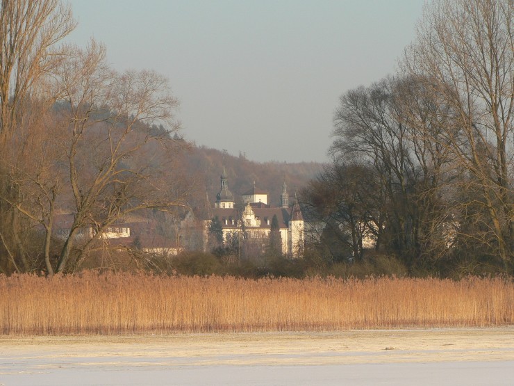 Blick vom gefrorenen See auf Kloster Hegne